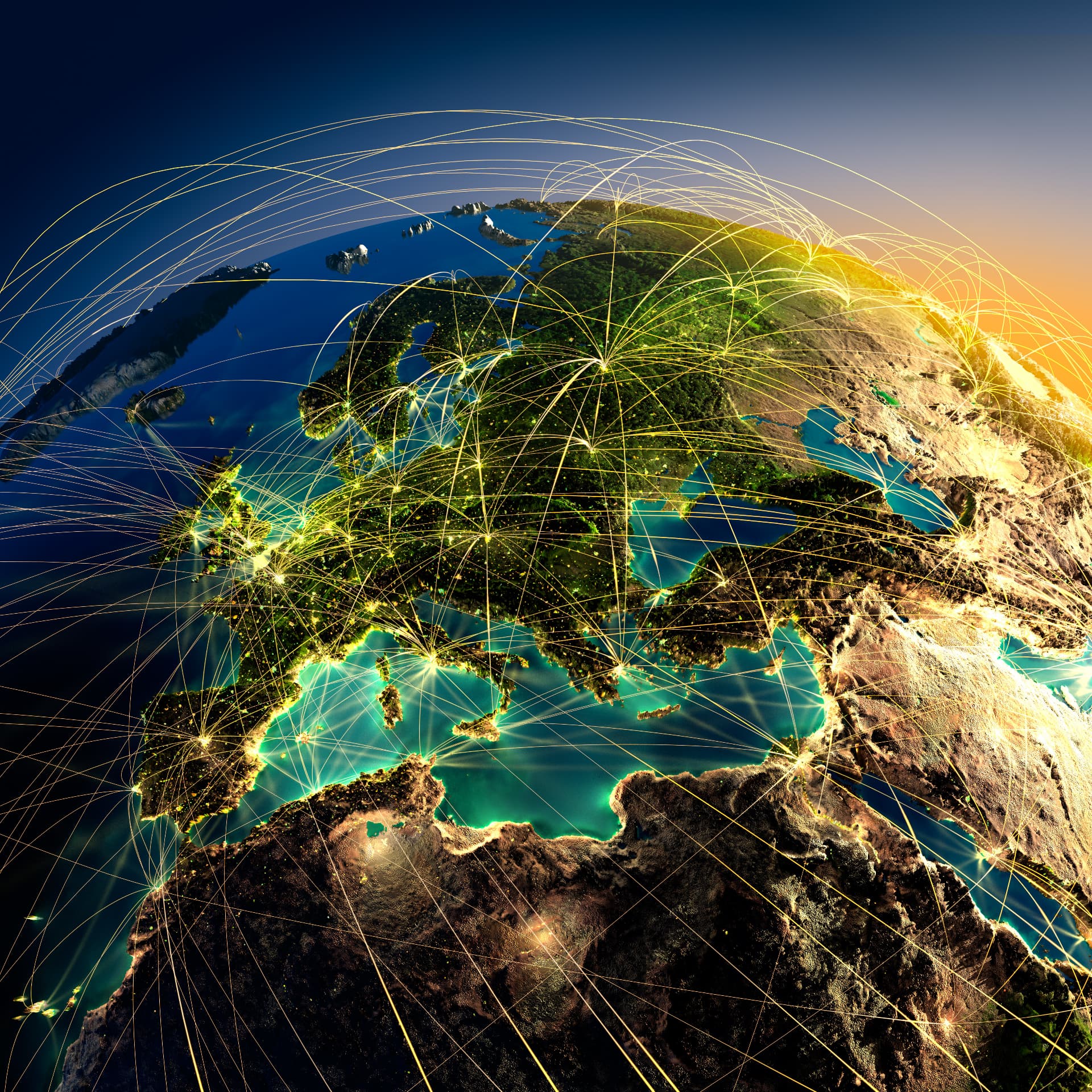 Illuminated network of connections spanning Europe and the Mediterranean, seen from orbit