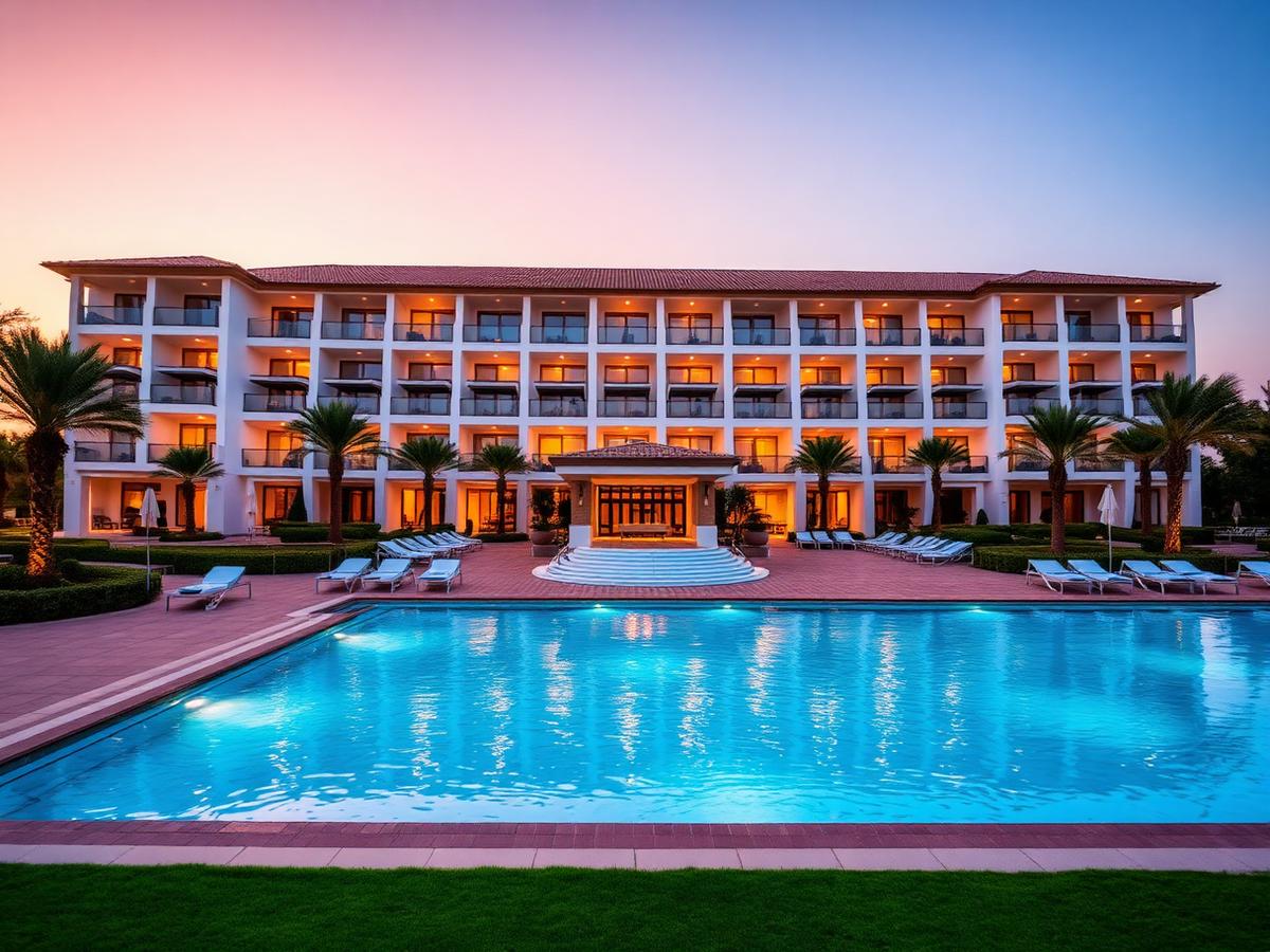 Mediterranean resort hotel exterior at golden hour