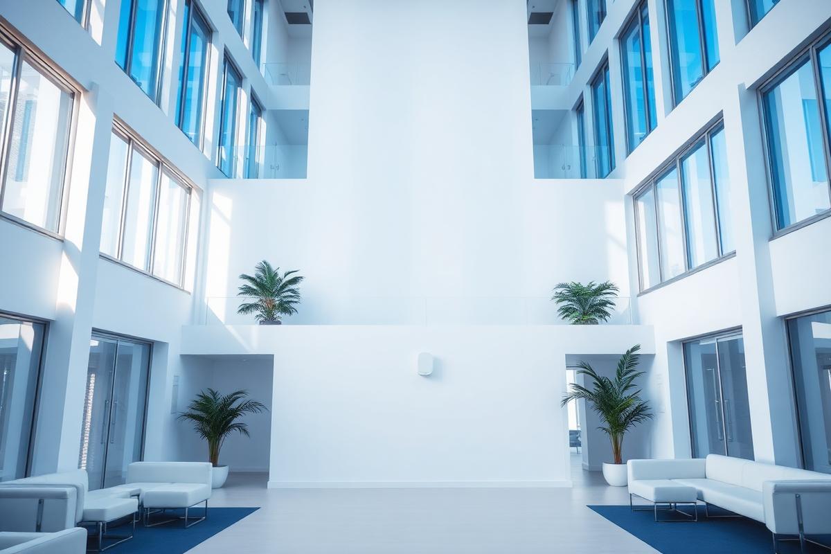 Indoor air quality sensor on the wall of a bright modern office