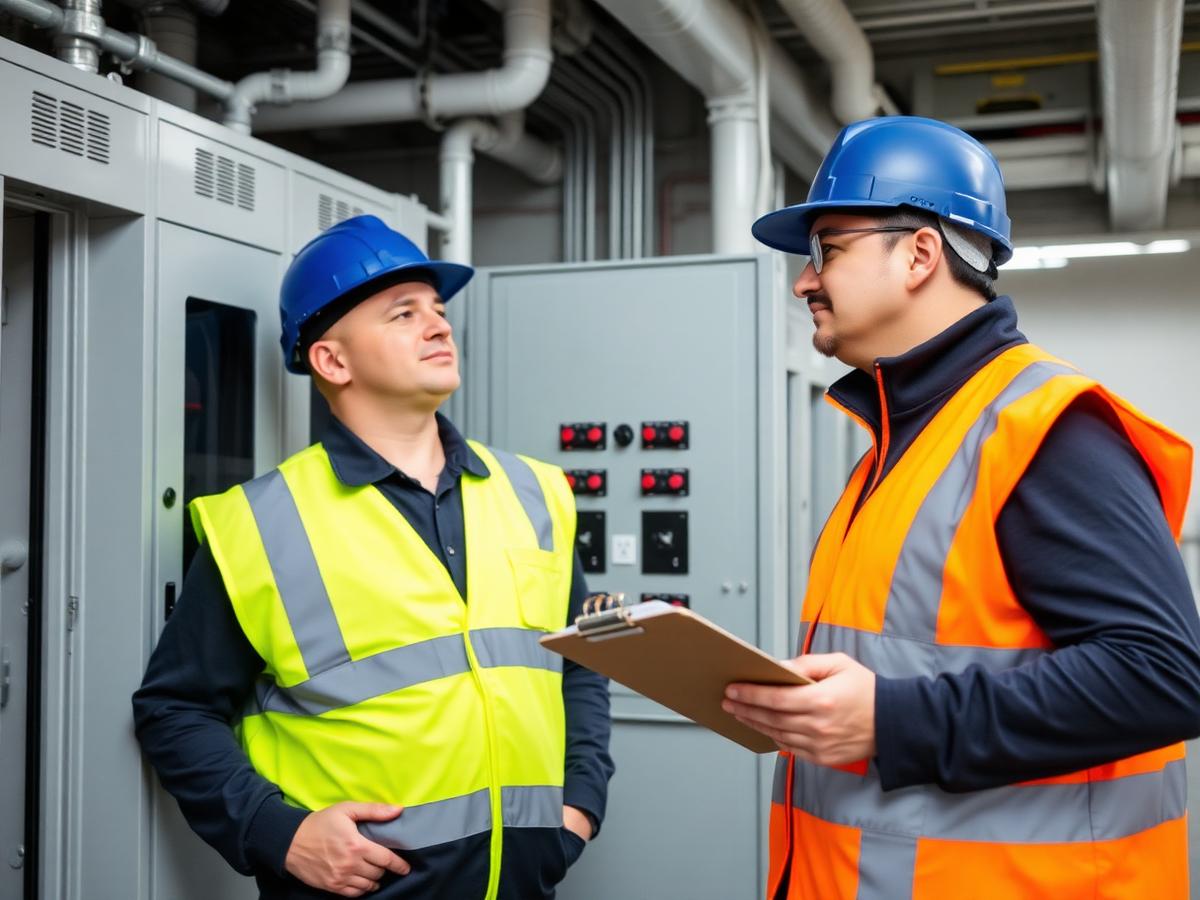 Engineers auditing an electrical distribution panel in a plant room