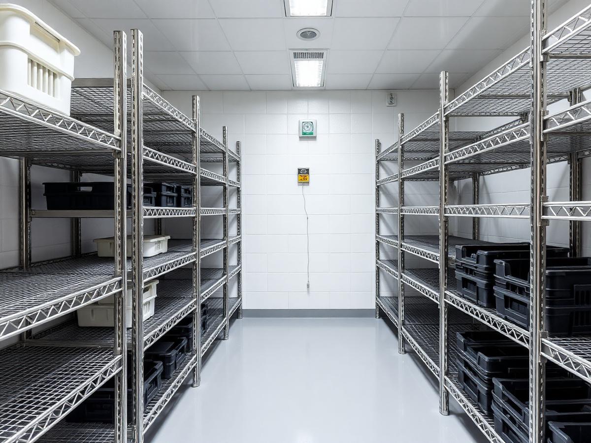 Commercial cold storage room with a wall-mounted temperature sensor
